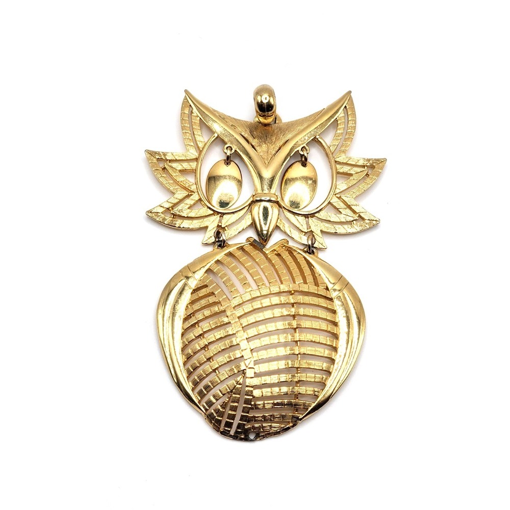 Alan Signed Vintage Owl Pendant Necklace Gold Tone 3.5 in Retro Modern Jewelry - Picture 2 of 4